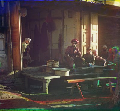 Kebabrestaurant, Samarkand, 1905-1915 door Sergey Prokudin Gorsky